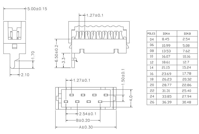 1.27 1.5mm Micro-Match-IDC-Socket5