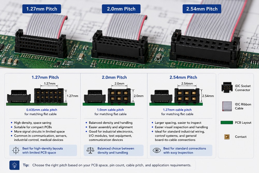 IDC socket connector pitch comparison showing 1.27mm, 2.0mm, and 2.54mm connectors with matching ribbon cable pitch on PCB layouts
